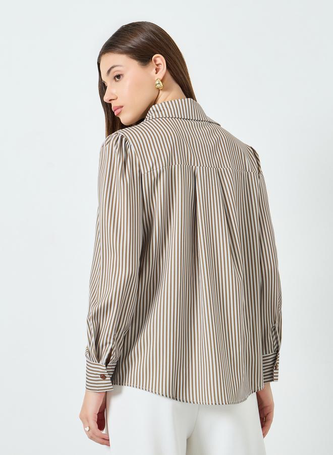 Styli Women Brown Striped Long Sleeve Shirt - Image 3